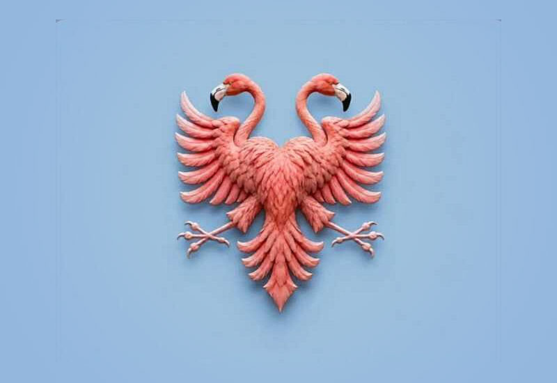 Flamingo-Revolution Flagge (Doppelkopf-Flamingo in Pink analog zum albanischen Wappen)
